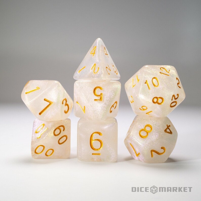 White with Pearlescent Pink Glitter with Gold Ink 7pc  Dice Set